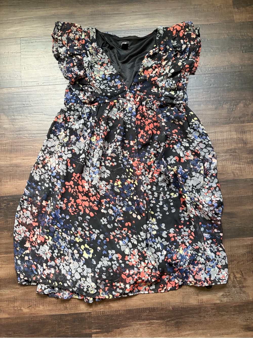 H&M Black Floral Midi Dress with Red, Blue, Cream Accents
